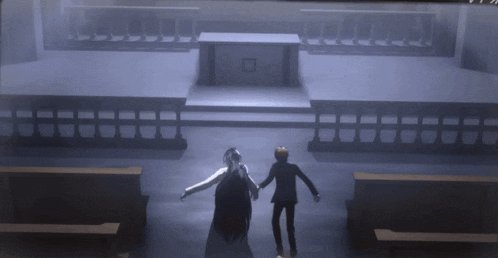 a man and a woman are holding hands in a church