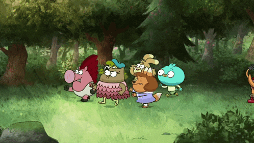 a group of cartoon characters are walking through a lush green forest