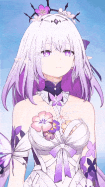 a girl with white hair and purple eyes has flowers on her chest