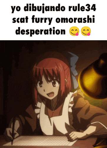 a picture of a girl sitting at a desk with the words " yo dibujando rule34 scat furry omorashi desperation " below her