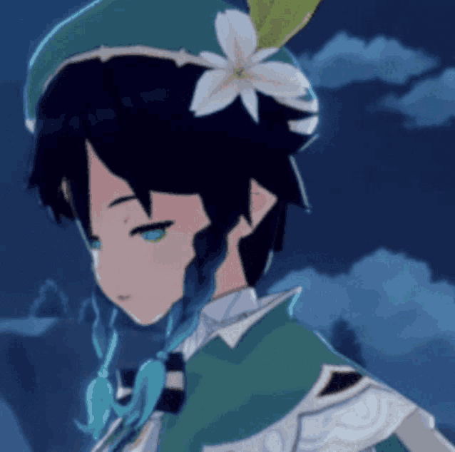 a close up of a cartoon character with a flower on his hat