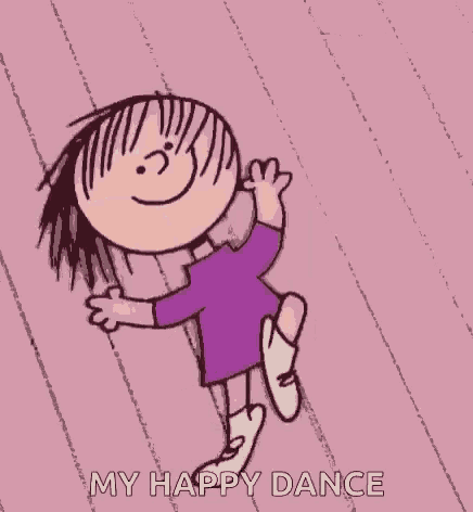 a cartoon of a girl in a purple dress dancing on a pink background .