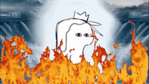 a drawing of a person with a crown on their head is surrounded by fire