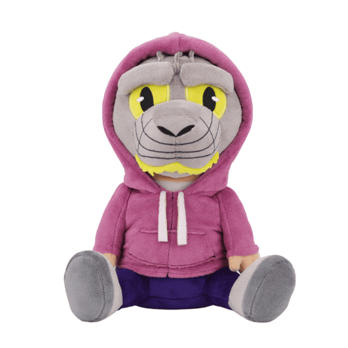 a stuffed animal is wearing a purple hoodie and purple pants