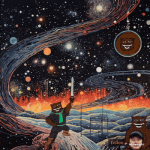 a painting of a bear holding a sword with the words follow on the bottom left
