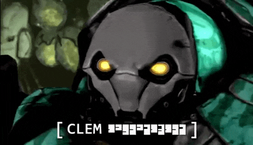a drawing of a robot with glowing eyes and the words `` clem '' written below it .