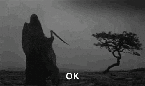 a grim reaper with a scythe is standing in front of a tree in the desert .