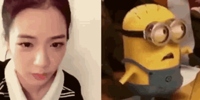 a picture of a woman next to a picture of a minion with goggles on