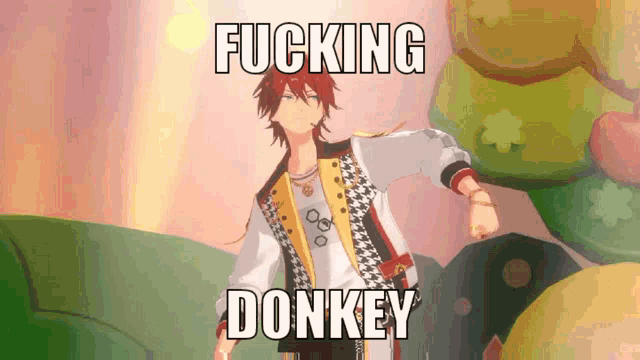a cartoon character with the words " fucking donkey " written above him