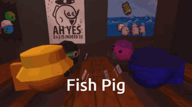 a sign that says ah yes is behind a table