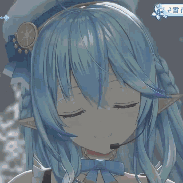 a close up of a anime girl with blue hair and ears