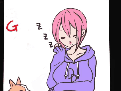 a drawing of a girl with pink hair and a dog with the word giga written in red