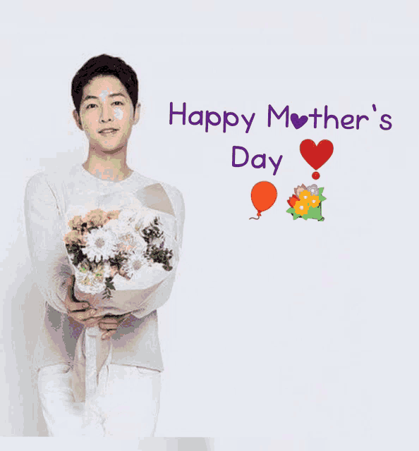 a man is holding a bouquet of flowers in front of a happy mother 's day greeting