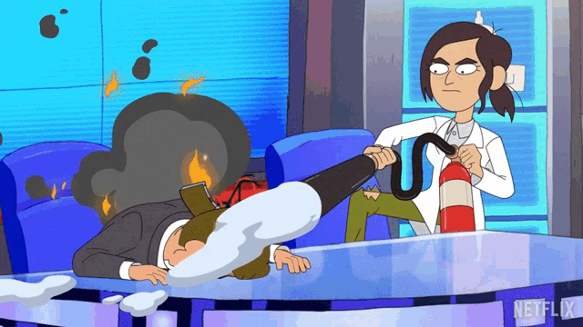 a cartoon shows a woman holding a fire extinguisher next to a man laying on the floor