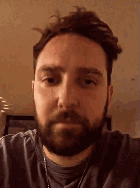 a man with a beard is wearing a grey shirt and a necklace