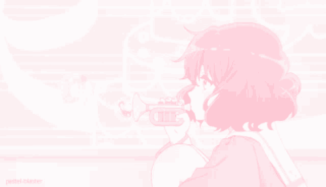 a girl playing a trumpet on a pink background with pastel blaster written below her