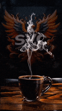 a cup of coffee with smoke coming out of it in front of a poster that says sync