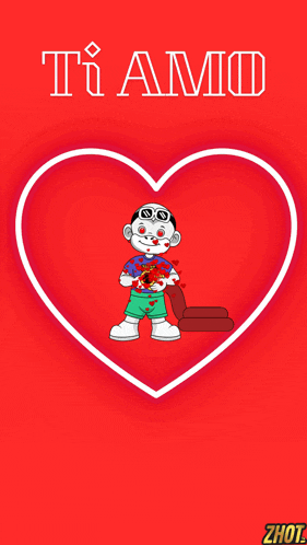 a cartoon character is standing in front of a heart with the word ti amo written on it
