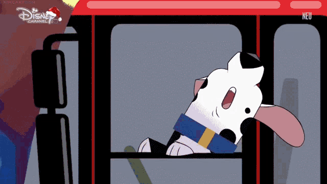 a dalmatian dog is on a bus with disney channel written on the bottom right