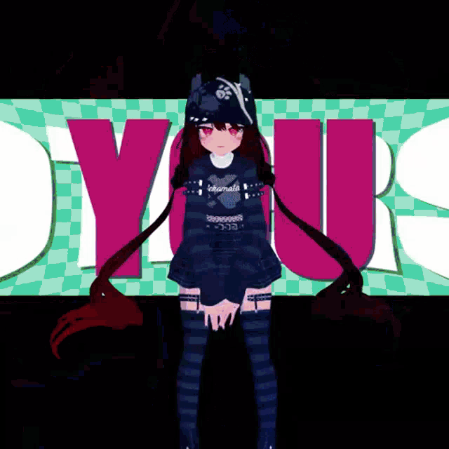 a girl with long red hair is standing in front of a sign that says " your "