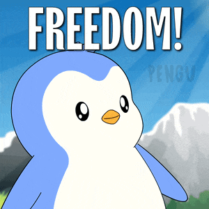 a blue and white penguin is standing in front of a mountain with the words freedom written above it
