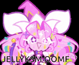 a pink and white cartoon character with the words `` jellyksm oomf '' written on it .
