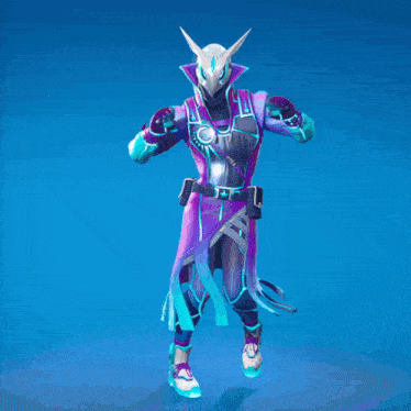 a person in a purple and blue costume with a white mask on their head