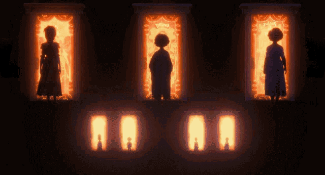 a group of people are standing in front of a door that says ' a ' on it