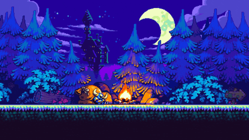 a pixel art scene with a castle in the background and trees