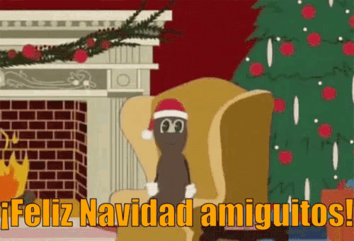 a cartoon character wearing a santa hat is sitting in a chair and says feliz navidad amiguitos