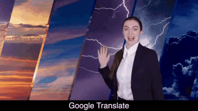 a woman in a suit and white shirt is standing in front of a google translate banner