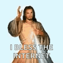 a painting of jesus with the words `` i bless the internet '' .