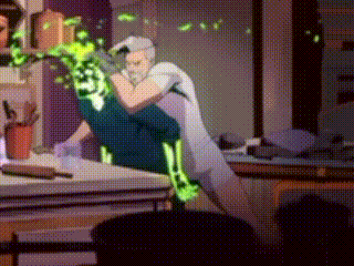 a cartoon character is sitting on a table with green leaves coming out of his feet .