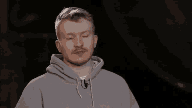 a man with a beard is wearing a gray hoodie and a microphone on his neck .