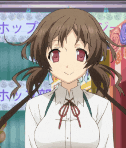 a girl with brown hair and red eyes is smiling in front of a sign that says ' a ' on it