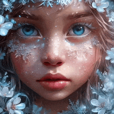 a close up of a girl with blue eyes and snowflakes on her face