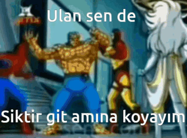 a cartoon scene with the words ulan sen de written in white