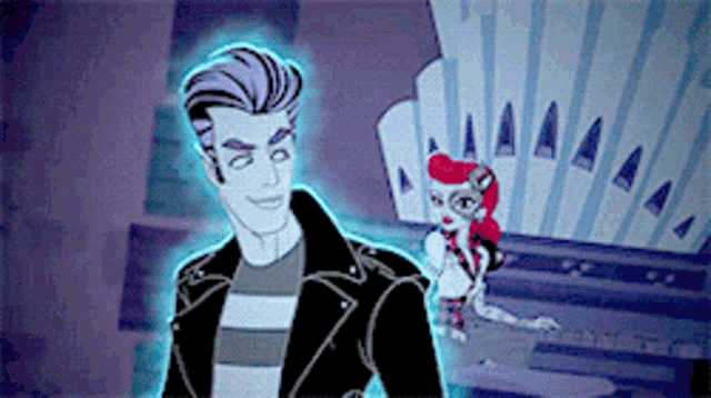 a cartoon of a man and a monster high girl