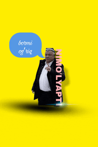 a man with a speech bubble that says " bormi og'riq "