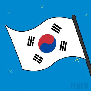 a cartoon penguin is holding a korean flag in front of a blue background