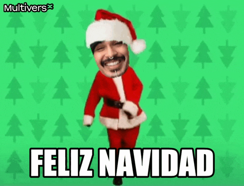 a man in a santa suit is dancing in front of a green background with trees and the words feliz navidad