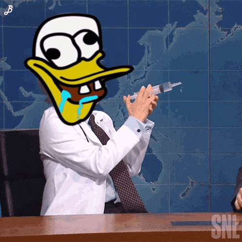 a cartoon duck is holding a syringe in front of a map with the letters snl on the bottom