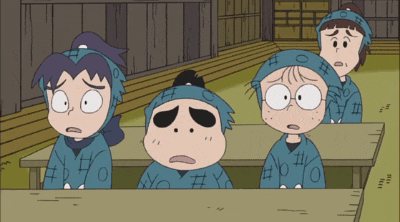 a group of cartoon characters are sitting at a table and one of them has the number 6 on their shirt