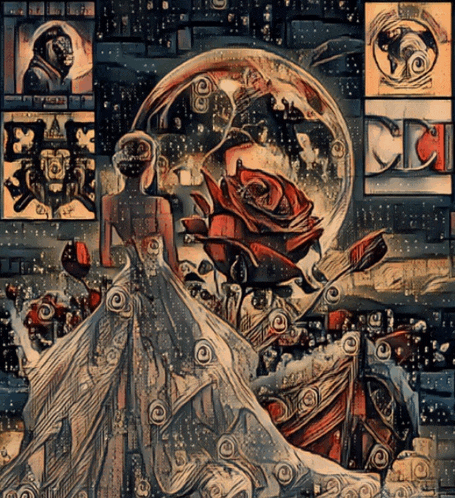 a painting of a woman in a white dress with a rose in the background