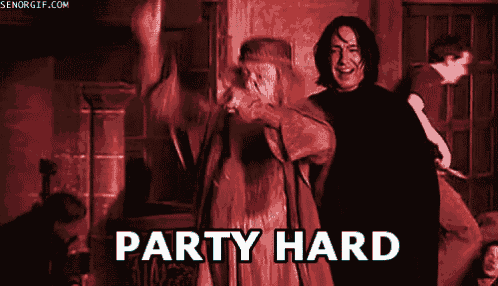 a group of people are dancing in a dark room and the words party hard are on the bottom