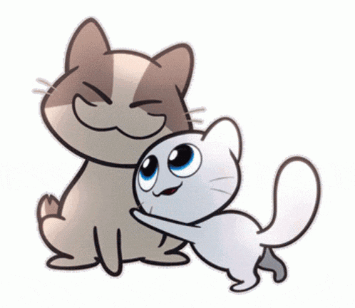 two cartoon cats are hugging each other and one is smiling
