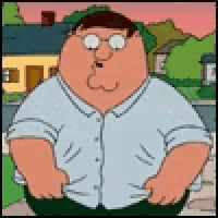 peter griffin from family guy is standing on a sidewalk holding his pants .