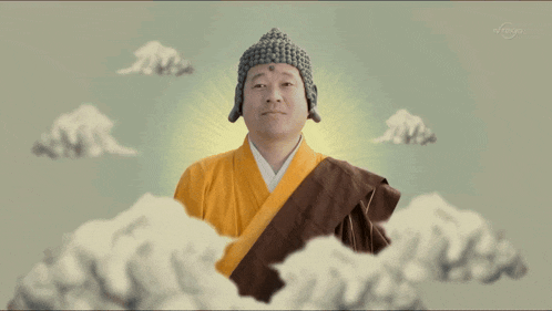 a man in a buddha costume is surrounded by clouds on a tv screen