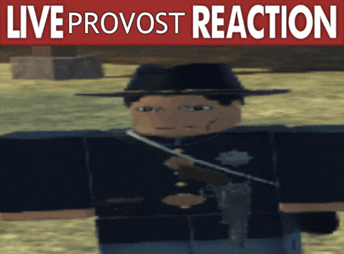 a man in a hat is standing in front of a sign that says " live provost reaction "