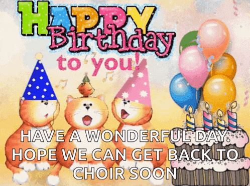 a birthday card with three cats wearing party hats and a cake with candles